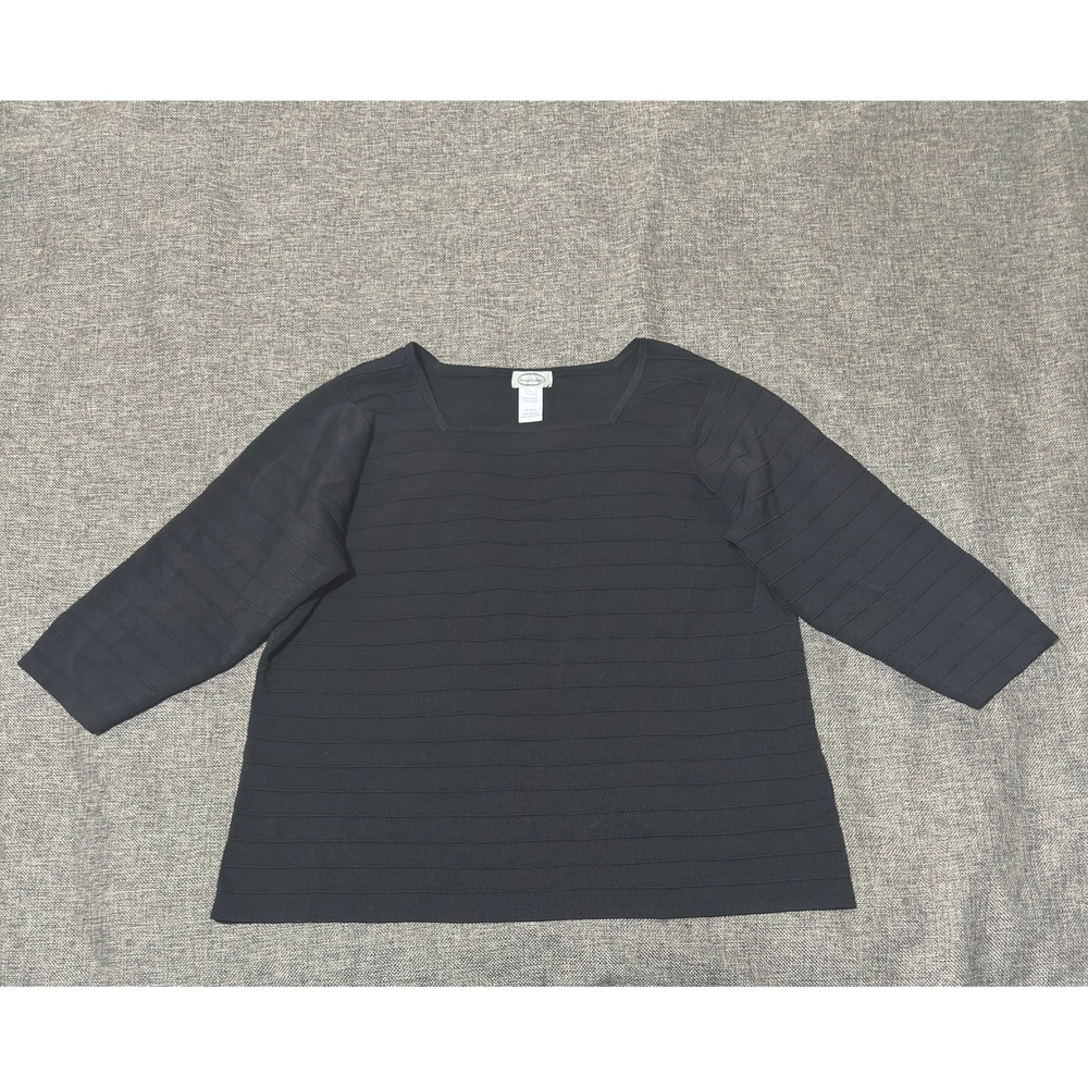 Stonebridge Womens 2X Top Black Knit Square Neck 3/4 Sleeve Ribbed